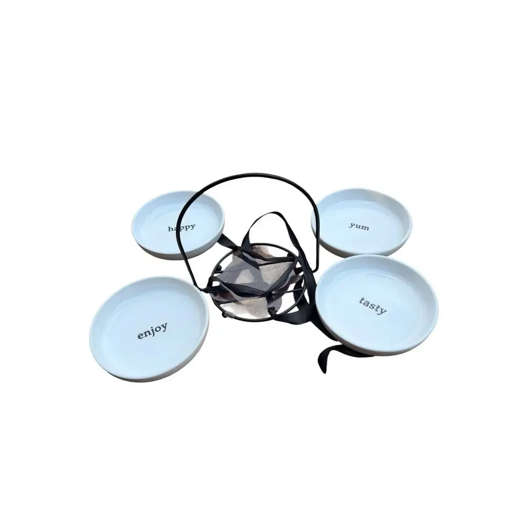 Set of 4 White Ceramic Appetizer Plates With Black Stand Happy Yum Tasty Enjoy